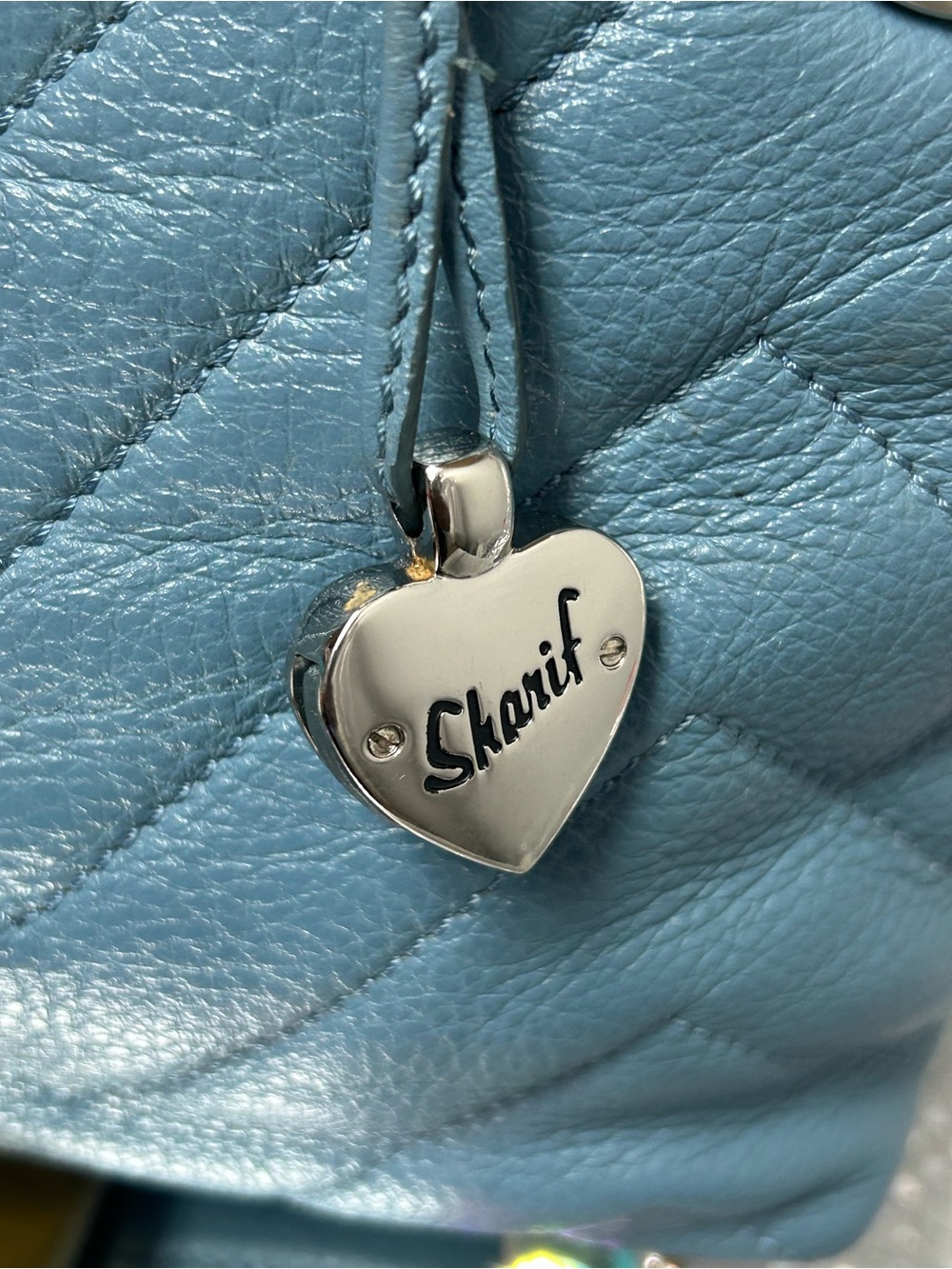Sharif Sky Blue Quilted Shoulder Bag with Heart Charm Approx. 14 x 8 x 3 - Picture 6 of 17